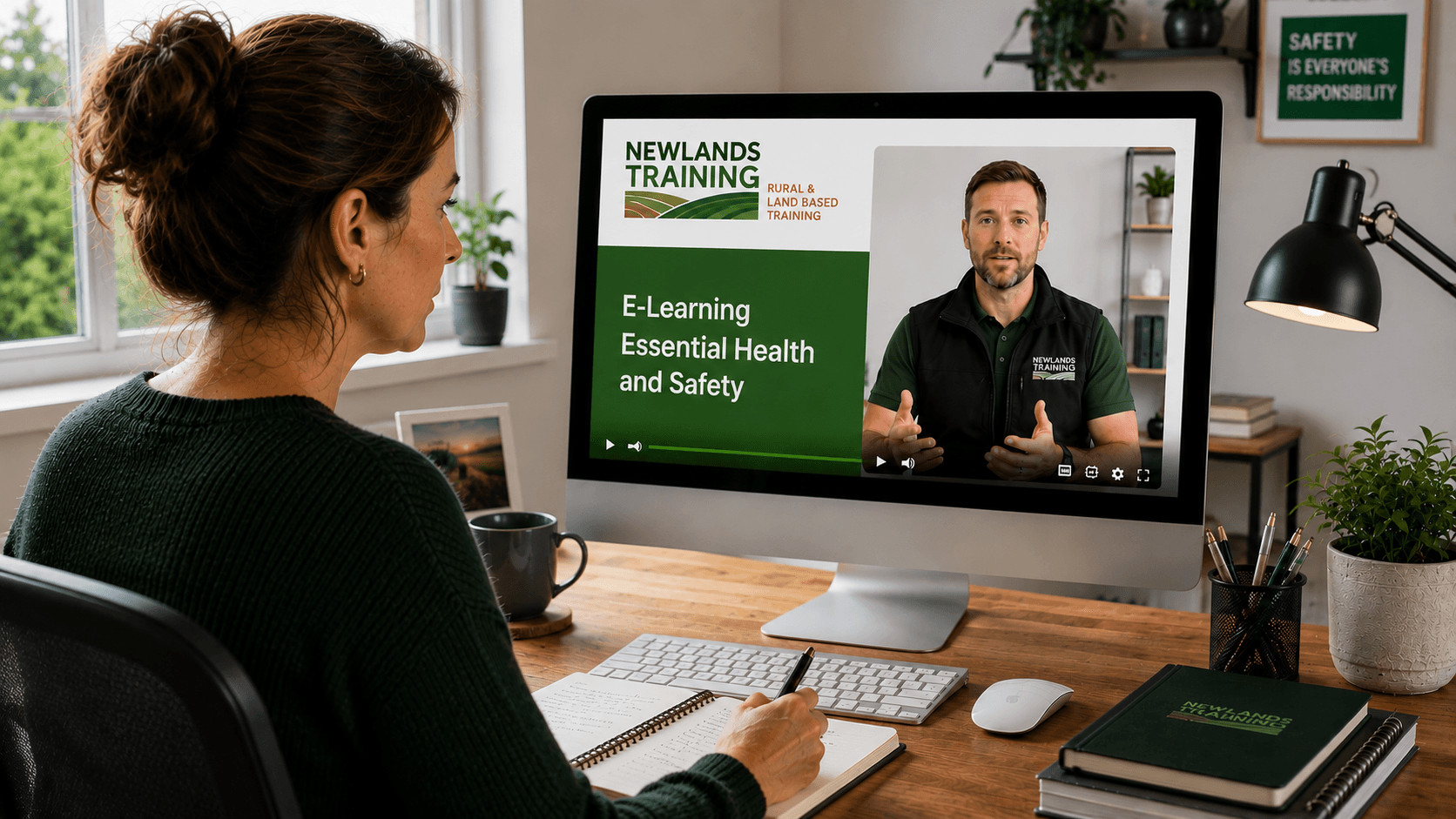 Woman completing Essential Health and Safety e-learning course from Newlands Training