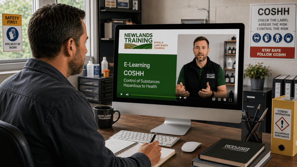 Man completing COSHH e-learning course from Newlands Training in workshop office