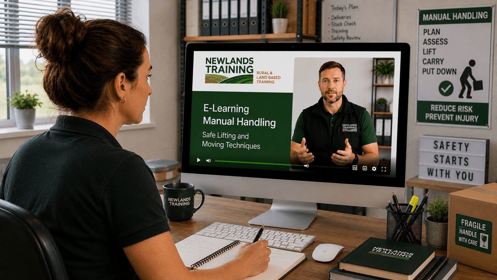 Woman completing Manual Handling e-learning course from Newlands Training in a logistics office