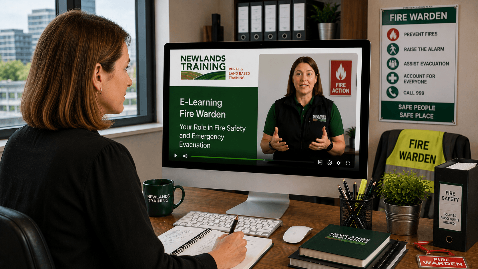 Woman completing Fire Warden e-learning course from Newlands Training in a corporate office