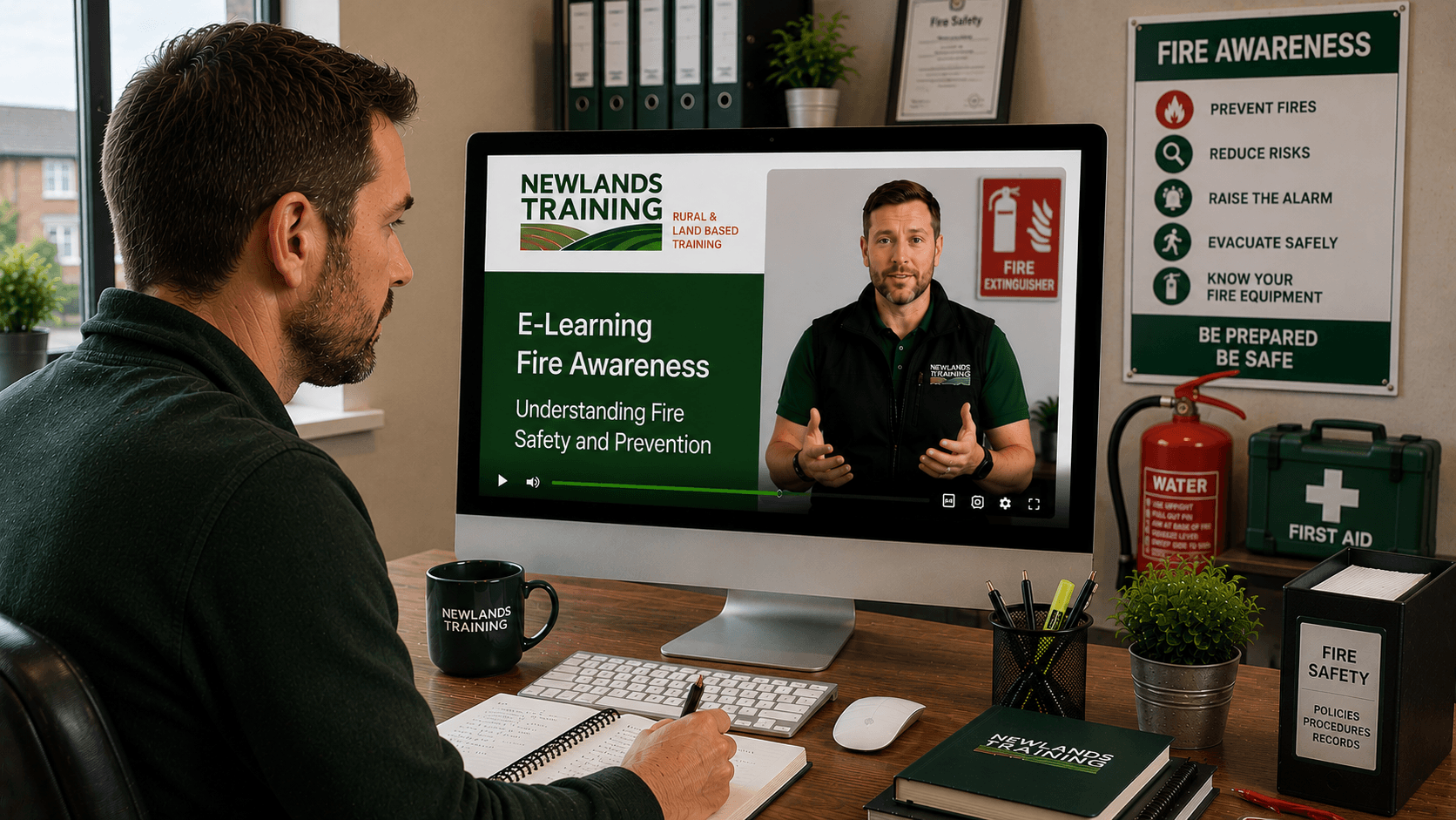Man completing Fire Awareness e-learning course from Newlands Training