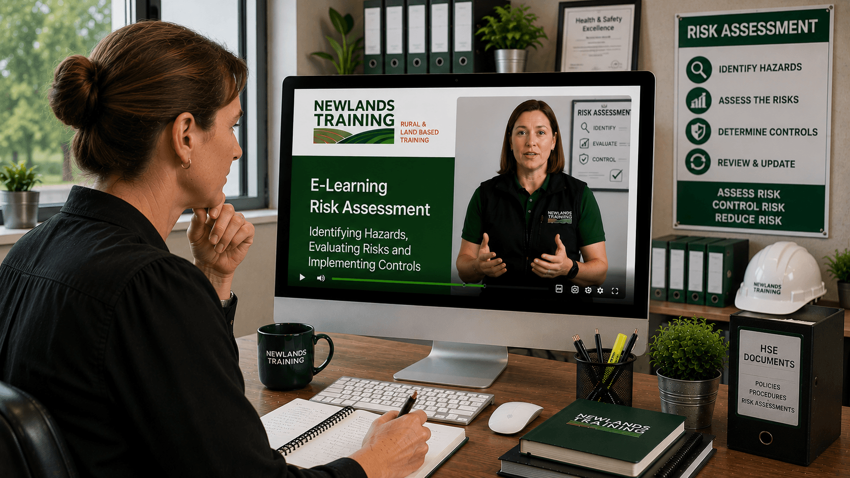 Woman completing Risk Assessment e-learning course from Newlands Training in an HSE office