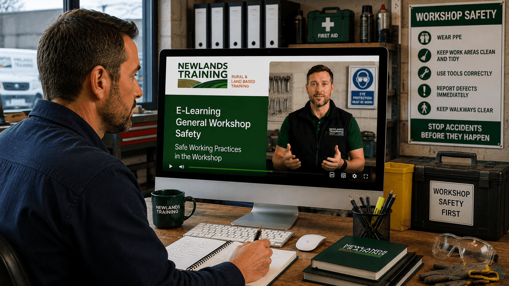 Man completing General Workshop Safety e-learning course from Newlands Training in a workshop environment